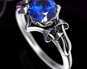 Mushroom Engagement Ring, Sterling Mushroom Ring, Botanical Engagement Ring, Sapphire Engagement Ring, Nature Wedding Ring, Shroom Ring,7003