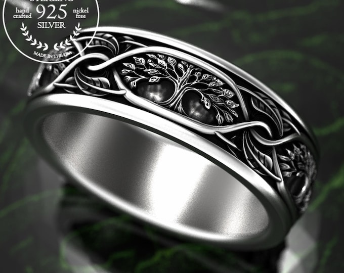 Mens Tree of Life Botanical Wedding Band, Sterling Grooms Forest Wedding Ring, Silver Leaves Nature Theme Ring, 925 Blooming Tree Ring, 2002