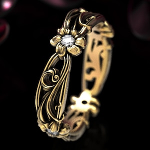 Anillo de oro con flor, anillo de oro y moissanita, anillo de bodas floral de oro, anillo de flor para mujer, anillo de oro blanco con flor, anillo de diamantes con margarita, 5018