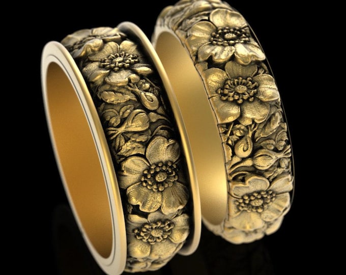 Gold Matching Botanical Floral Wedding Set, 10K 14K 18K His Hers Wild Rose Flower Wedding Bands, Platinum Rosebud Blossom Rings, 5020 5021
