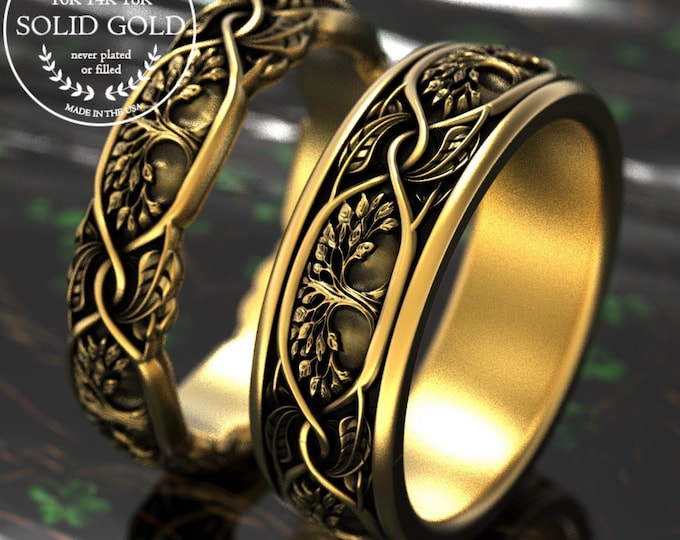 His Hers Tree of Life Wedding Rings, 10K Gold Oak Tree Rings, 14K Botanical Nature Rings, 18K Forest Leaves Wedding Ring Set, 2002 2001