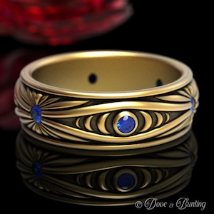 Gold & Sapphire Wedding Band, Moon Phase Ring, Gold Men Wedding Ring, Gold Nouveau Wedding Ring, Moon Wedding Ring, Sapphire Moon Ring, 1539