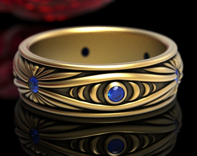 Gold & Sapphire Wedding Band, Moon Phase Ring, Gold Men Wedding Ring, Gold Nouveau Wedding Ring, Moon Wedding Ring, Sapphire Moon Ring, 1539