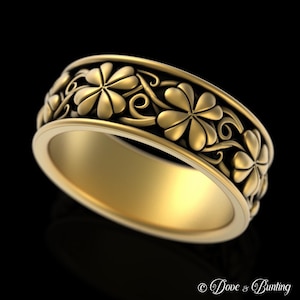 Mens Style Gold Four Leaf Clover Ring, 10K 14K Shamrock Groom Ring ...