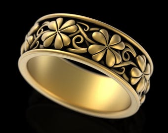 Anillo de trébol de cuatro hojas de oro para hombre, anillo de novio de trébol de 10 quilates y 14 quilates, anillo de trébol de la suerte botánico escocés, alianza de boda de trébol irlandés, 5041