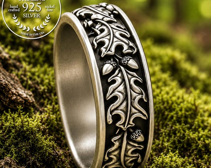 Sterling Silver Oak Ring, Silver Acorn Ring, Nature Wedding Ring, Oak Leaf Ring, Silver Leaf Ring, Fall Wedding Ring, Fall Acorn Ring, 1888