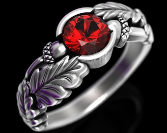 Sterling Silver & Ruby Engagement Ring, Leaf Engagement Ring, Oak Leaf Ring, Acorn Wedding Ring, Fall Wedding Ring, Acorn Ring, 1603