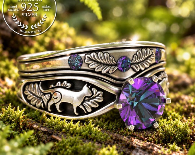 Alexandrite Stacking Cat Engagement Ring Set, Sterling Brides Wedding Ring Set, 925 Fitted Kitty Cat Solitaire Wedding Ring Pair, 5010 5014