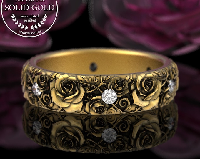 Woman's Gold Rose Anniversary Ring, 14K Roses & Moissanite Wedding Band, 10K Yellow Gold Botanical Bridal Jewelry, Platinum Band, 5226