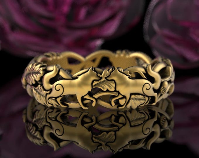 Gold Soulmate Wolves Ring, 10K Womens White Gold Wolf Ring, 14K Forest Nature Wedding Band, 18K Botanical Canine Ring, Huskie Lover, 5906