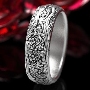 ☆nff☆ petal string ringblack 965 Forget-me-not Wedding Ring, Sterling Silver Art Nouveau Ring