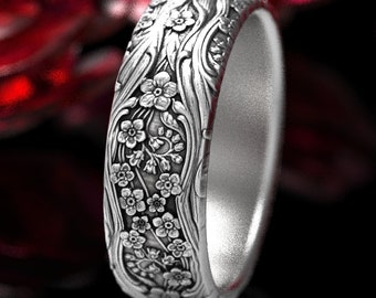 Forget-me-not Wedding Ring, Sterling Silver Art Nouveau Ring, Flower Wedding Band, Art Nouveau Floral Ring, Nature Inspired Ring DB284-R1
