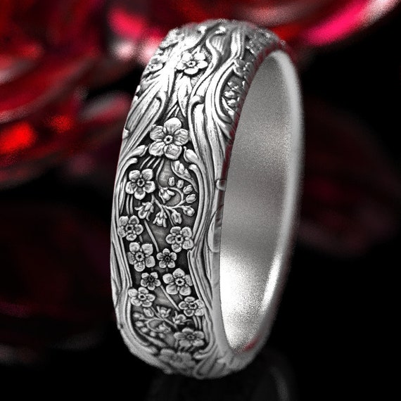 Forget-me-not Wedding Ring, Sterling Silver Art Nouveau Ring