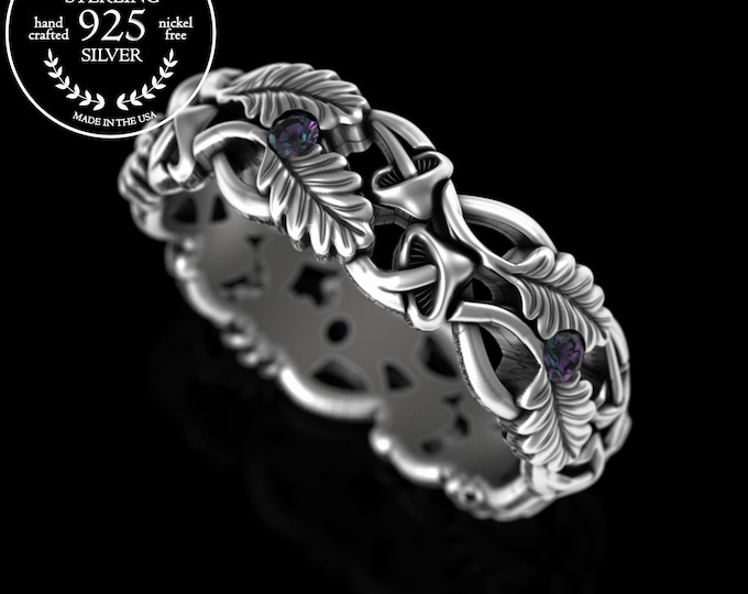 Sterling Mushroom & Alexandrite Ring, Silver Botanical Forest Wedding, Oak Leaf Pagan Wedding Band, Shroom Harvest Ring, Plant Medicine 5303
