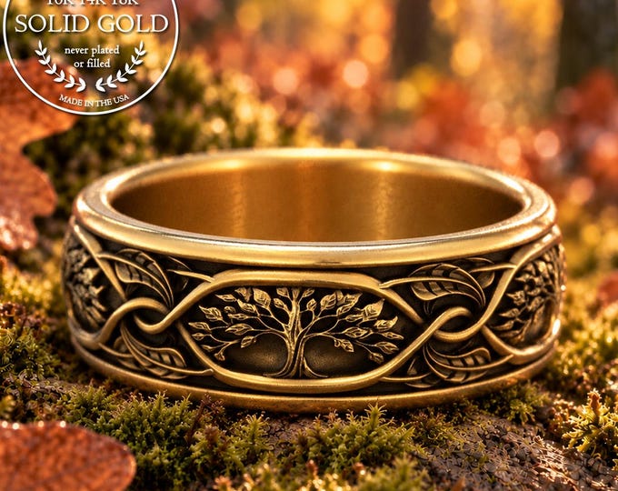 10K 14K Gold Tree Forest Wedding Band for Groom, Platinum Botanical Men's Wedding Ring, White Gold Leaves Nature Inspired Ring for Men, 2002