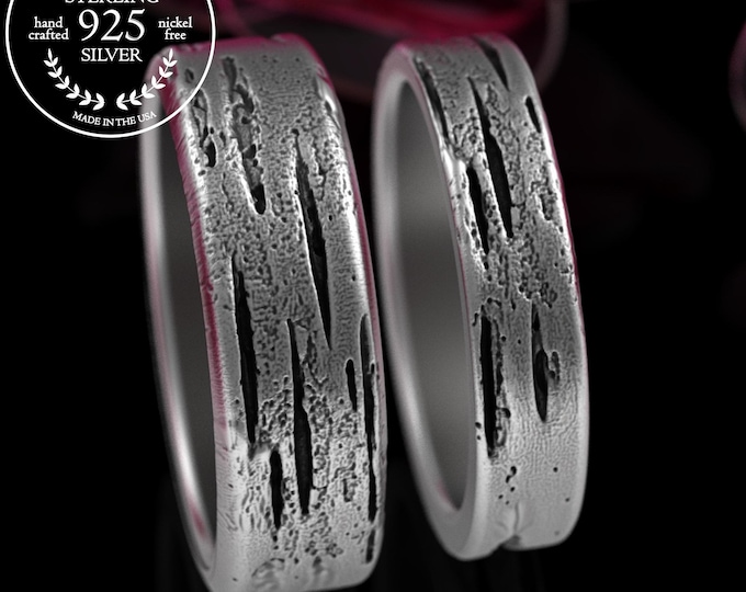 Matching Sterling Aspen Tree Bark Wedding Band Set, Silver Bride Groom Forest Inspired Rings, His & Hers Family Tree Jewelry, 5221 5222