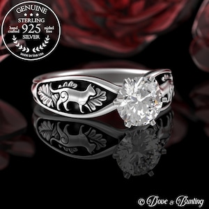 1 Carat Cat Engagement Ring, Sterling Silver Solitaire Ring, Womens Kitty Wedding Ring, Moissanite Feline Ring, Kitten Silver Diamond, 5010