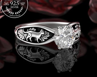 1 Carat Cat Engagement Ring, Sterling Silver Solitaire Ring, Womens Kitty Wedding Ring, Moissanite Feline Ring, Kitten Silver Diamond, 5010
