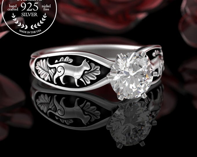 1 Carat Cat Engagement Ring, Sterling Silver Solitaire Ring, Womens Kitty Wedding Ring, Moissanite Feline Ring, Ruby Kitten Marriage, 5010