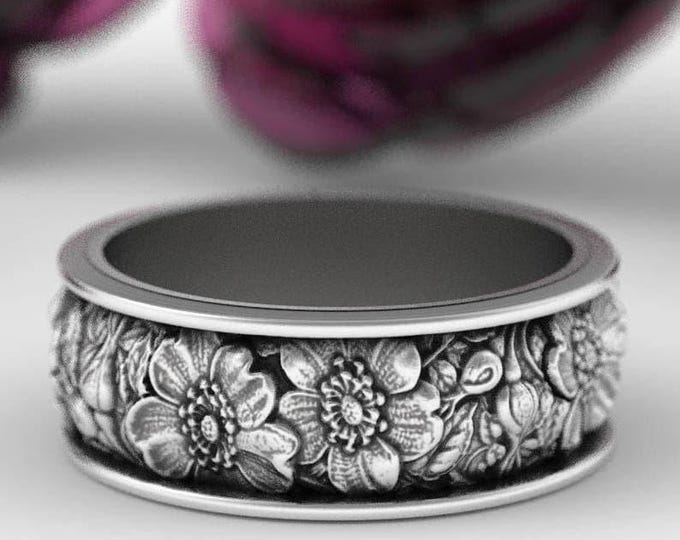 Sterling Rose Ring, Flower Wedding Band, Rose Ring, Nature Wedding Ring, Silver Flower Ring, Sterling Wedding Ring, Art Nouveau Ring, 5020