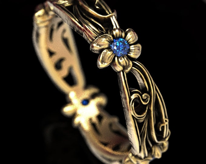 Gold Sapphire Art Nouveau Flower Ring, 10K 14K 18K Gold Platinum, Sapphire Flower Wedding Band, Unique Sapphire Flower Wedding Ring, 5018