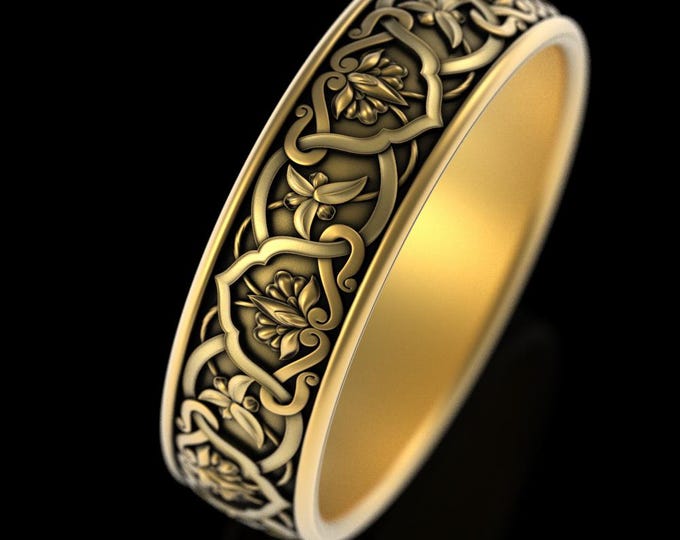 10K 14K Botanical Scrollwork Wedding Band, White Gold Art Nouveau Wedding Ring, Platinum Flower Baroque Design, Ornate Rococo 18K Ring, 1903