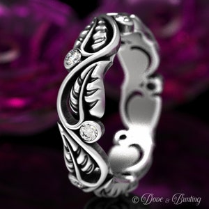 Moissanite Leaf Wedding Band, Sterling Leaf Ring, Leaf Ring, Art Nouveau Swirl Ring, Silver Nature Wedding Ring, Silver Plant Ring, 1626