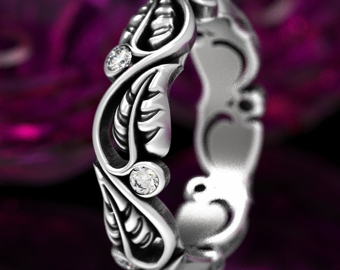 Moissanite Leaf Wedding Band, Sterling Leaf Ring, Leaf Ring, Art Nouveau Swirl Ring, Silver Nature Wedding Ring, Silver Plant Ring, 1626
