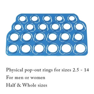 May include: Blue plastic ring sizer with pop-out rings for sizes 2.5 to 14.  Half and whole sizes.