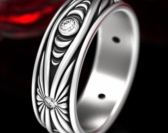 Moon Phase Ring, Sterling Silver Moon Ring, Moissanite Moon Ring, Mens Silver Geometrical Ring, Sun & Moon Ring, Moon Wedding Ring, 1539