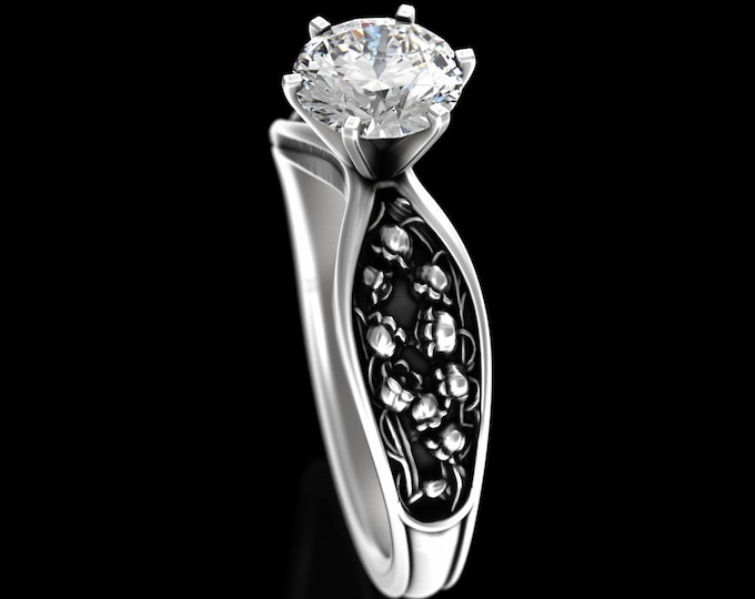 Lily of the Valley Engagement Ring, Sterling 1 Carat Solitaire Ring, Moissanite Bell Flower Bridal Wedding Ring, Silver Botanical Ring, 5025