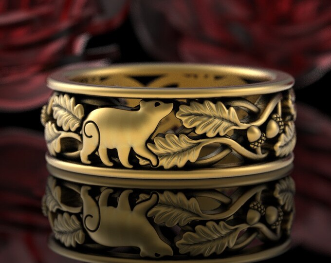 Gold Grooms Bear Wedding Ring, 10K Gold Cubbie Wedding Band, 14K Bear Cub Forest Ring, Masculine Oak Leaves, Mens Nature Theme Ring, 5554