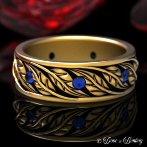 Gold or White Gold Nature Leaf Botanical Ring, Sapphire 10K 14K Leaves Wedding Band, Platinum Sapphire Nature Handfasting Ring, 1959