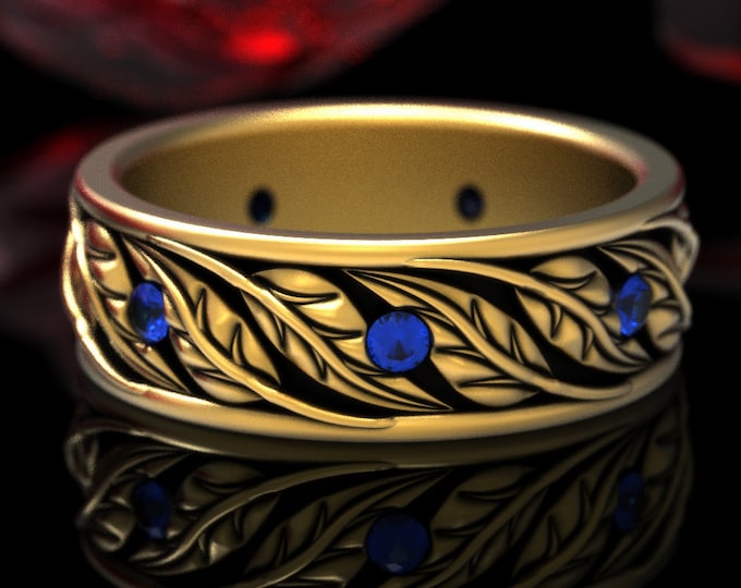 Gold or White Gold Nature Leaf Botanical Ring, Sapphire 10K 14K Leaves Wedding Band, Platinum Sapphire Nature Handfasting Ring, 1959
