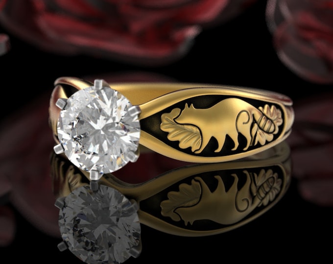 Gold Moissanite Raccoon Engagement Ring, 10K 14K 18K Raccoon Wedding Ring, Diamond Oak Leaf Forest Ring, Nature Inspired Solitaire, 5011