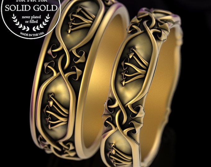 14K Gold Magic Mushroom Wedding Ring Set, Golden Teachers Plant Medicine Rings, Platinum Botanical Pagan Ceremony, Sacred Jewelry, 2078 2079