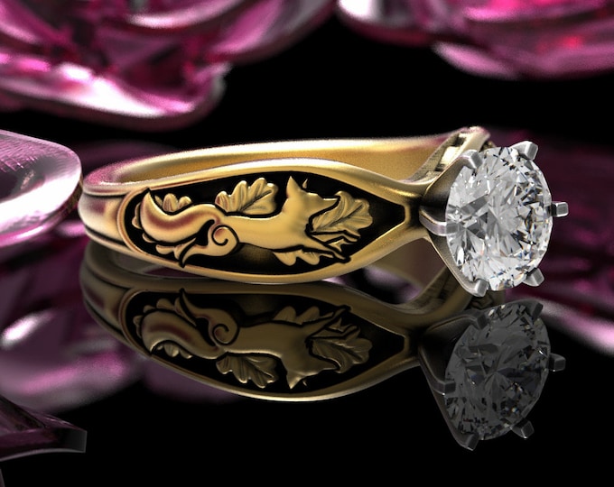 Gold & Moissanite Fox Engagement Ring, 10K Forest Solitaire Wedding Ring, Foxes + Oak Leaves Diamond Ring, 14K Womens Nature Ring, 3150
