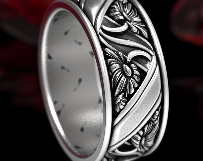 Daisy Flower Ring, Floral Wedding Ring, Sterling Silver Flower Wedding Ring, Art Nouveau Wedding Band, Botanical Wedding Band, 1516