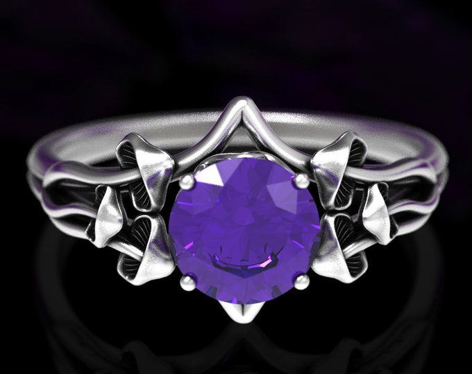 Mushroom Engagement Ring, Sterling & Amethyst Ring, Botanical Engagement Ring, Amethyst Engagement Ring, Nature Wedding Ring, 7003