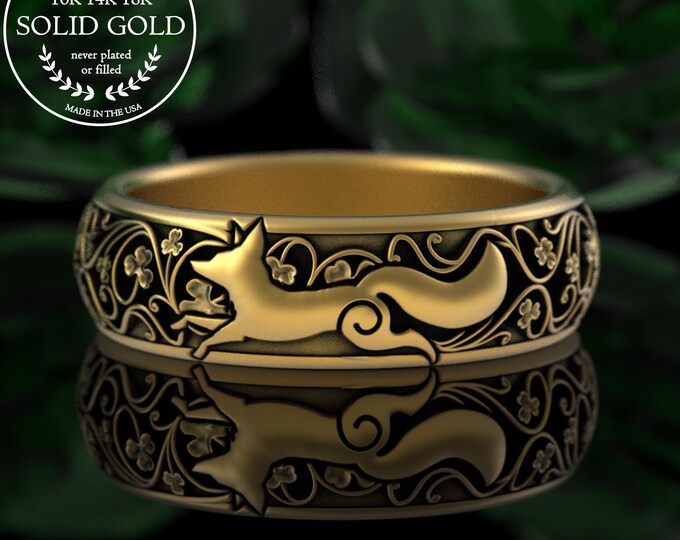 Gold Shamrock & Fox Ring, 10K White Gold Lucky Fox Wedding Band, Women's 14K Botanical 3 Leaf Clover Ring, 18K Foxy Lady Irish Ring, 5049
