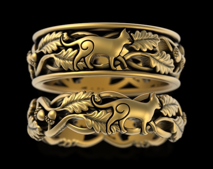 Gold Matching Bride Groom Cat Wedding Ring Set, 10K 14K White Gold His Hers Feline Handfasting Band, Couples Kitten Elopement, 5535 5552
