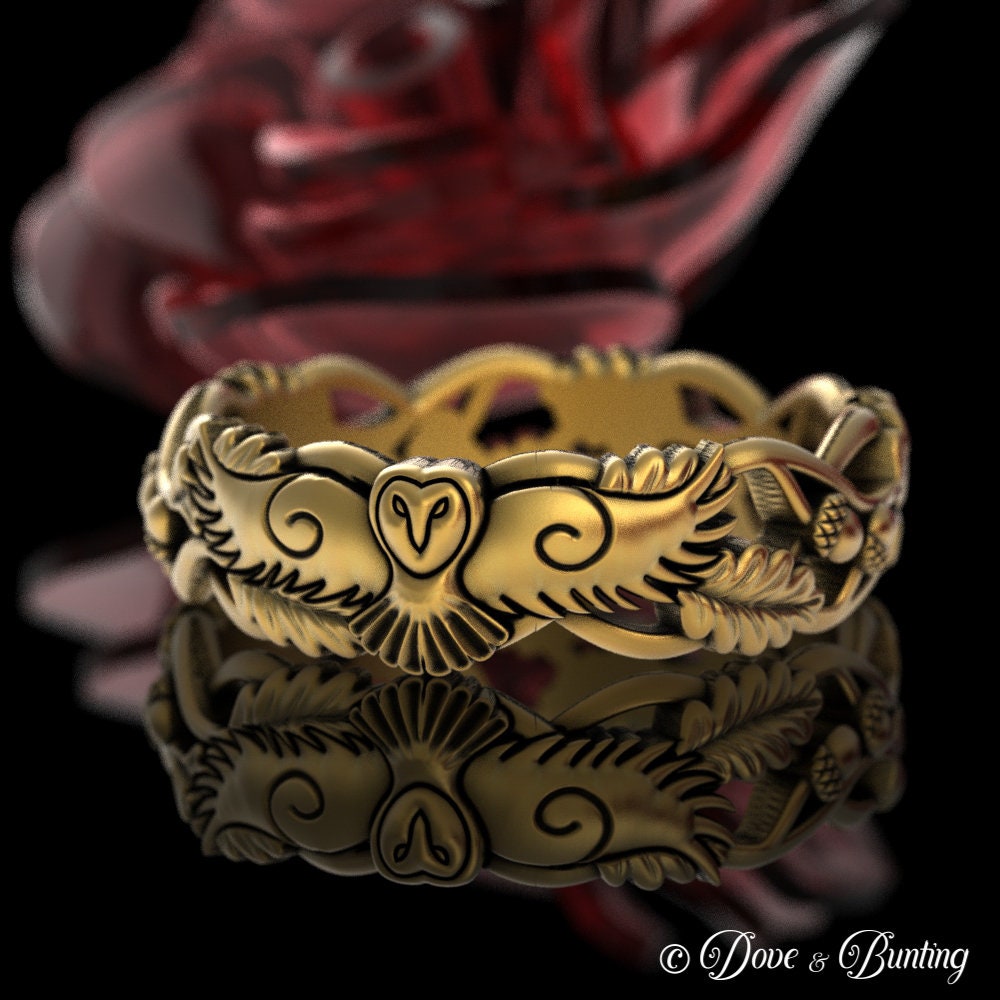 Gold/White Gold Owl Wedding Band, 10K Gold Acorn Forest Ring, 14K 18K Barn Owl, Oak Leaves Nature Ri