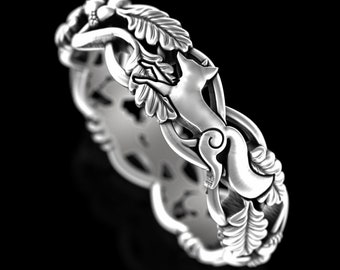 Sterling Fox & Forest Ring, Women Silver Fox Ring, Oak Leaf Tree Wedding Band, Fox Jewelry, Woodland Wedding Ring, Nature Inspired Ring 5541