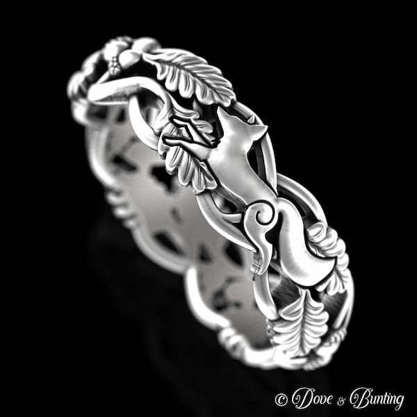 Sterling Fox & Forest Ring, Women Silver Fox Ring, Oak Leaf Tree Wedding Band, Fox Jewelry, Woodland Wedding Ring, Nature Inspired Ring 5541