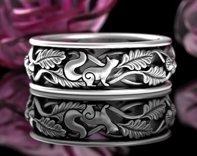 10K White Gold Squirrel Forest Wedding Band, Mens 14K Gold Oak Leaf Wedding Ring, 18K Gold Tree Forest Leaves, Ground Squirrel Ring, 5547