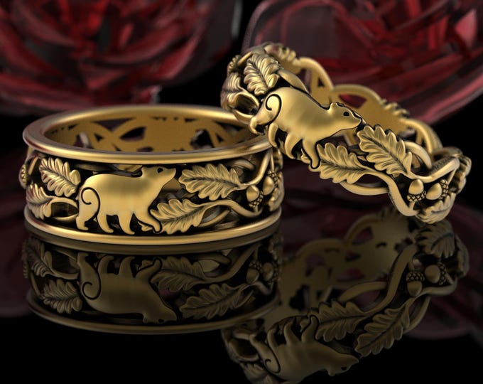 Matching Gold Bears His Hers Wedding Set, 10K 14K 18K Black Bear Bands, Bride Groom Nature Forest Ring Set, Platinum Handfasting, 5554 5538