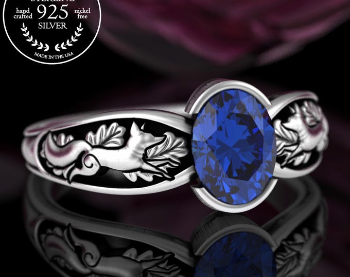 Sapphire Fox Statement Ring, Sterling Nature Lover Wedding Ring, Silver Foxes & Oak Leaves Engagement, Oval Bezel Forest Proposal Ring, 5055