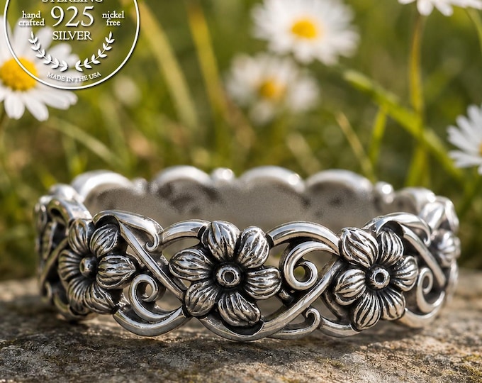 Daisy Flower Wedding Ring, Sterling Silver Daisy Wedding Band, Art Nouveau Floral Ring, Delicate Swirl Wedding Band, Art Nouveau Daisy, 4466