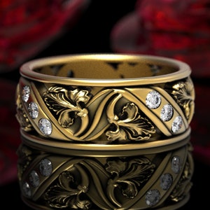 Anillo de iris de oro, anillo de bodas floral de moissanita y oro, anillo de bodas floral, alianza de bodas Art Nouveau, anillo natural, anillo floral de oro, 1519