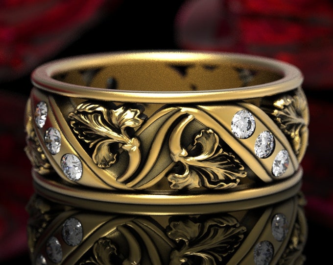 Gold Iris Ring, Moissanite & Gold Floral Wedding Ring, Flower Wedding Ring, Art Nouveau Wedding Band, Nature Ring, Gold Flower Ring, 1519